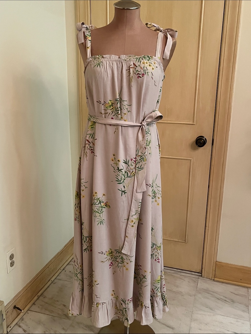 A LOVES A Boho Cottage Party Belted Floral Tie-Shoulder Beige Midi Sundress SZ S